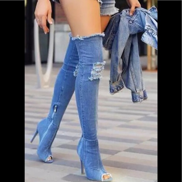 NEW DENIM THIGH HIGH BOOTS - Picture 2 of 3